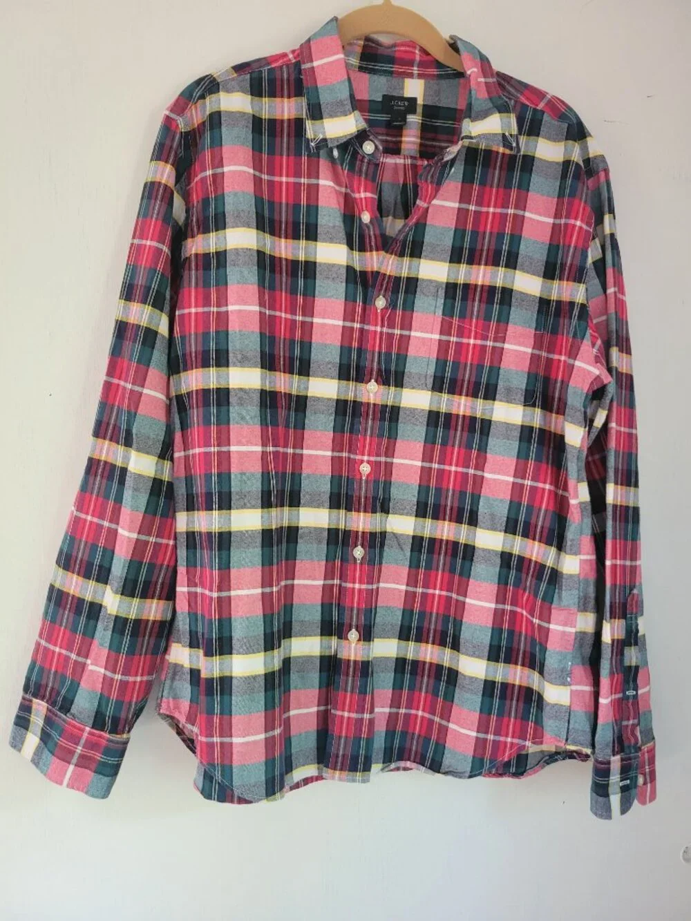 J.Crew Oxford Plaid Button Down Shirt Men's Tartan Red Green Cotton sz L